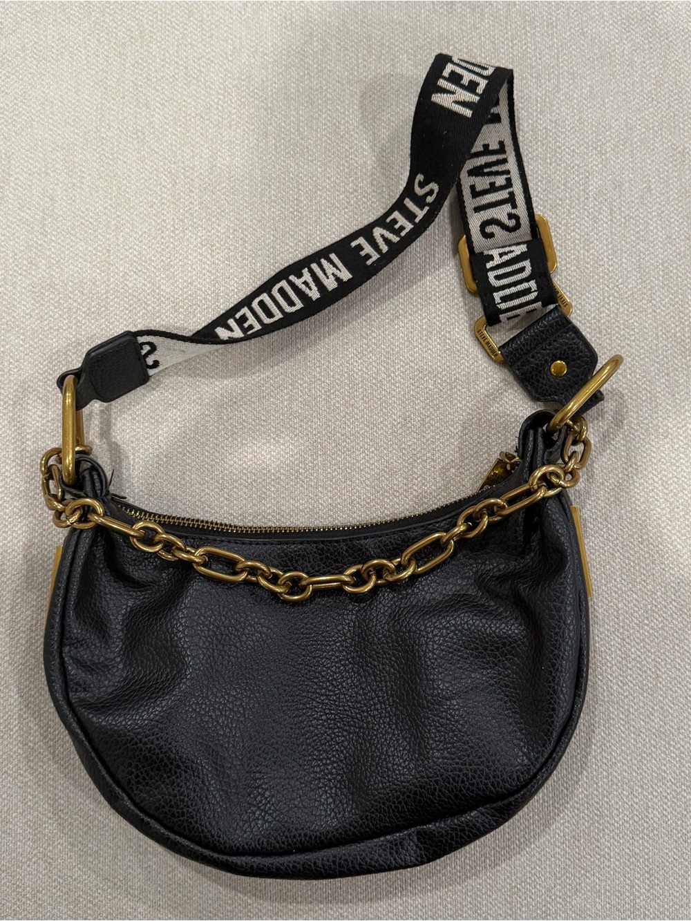 Steve Madden Black Crossbody with Gold Chain and Logo Strap